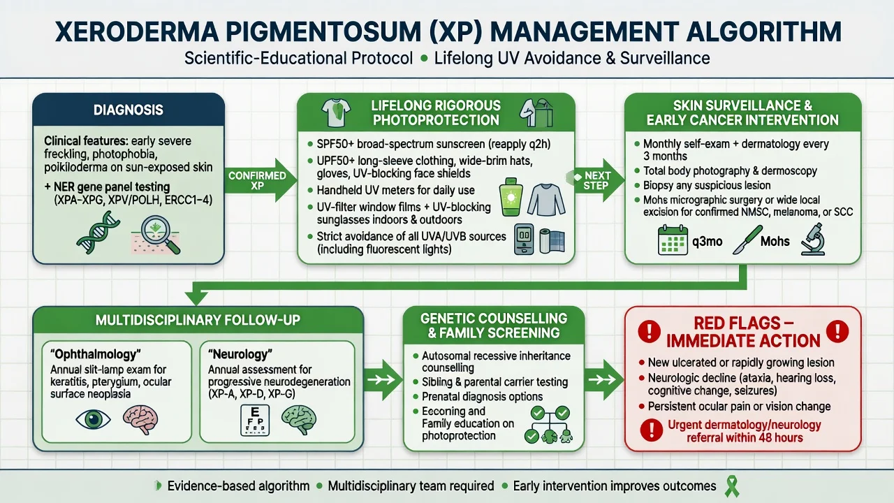 XP management algorithm: diagnosis, lifelong photoprotection, skin surveillance and early cancer surgery, ophthalmology and neurology, genetic counselling, red flags