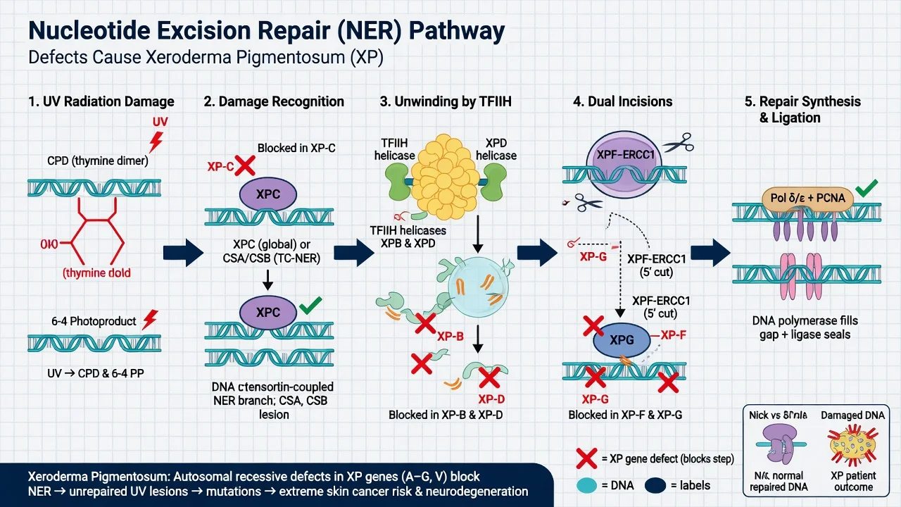 Nucleotide excision repair pathway steps with XP gene defect blocks: UV damage, recognition, TFIIH unwinding, dual incision, resynthesis and ligation