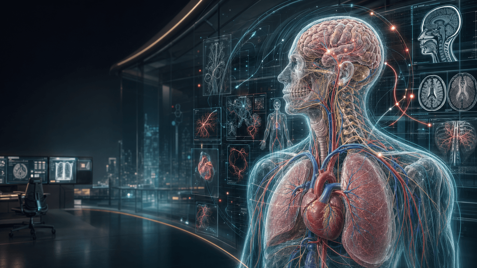 Futuristic medical atlas environment with anatomical hologram, neurovascular anatomy, CT panels, and clinical data displays