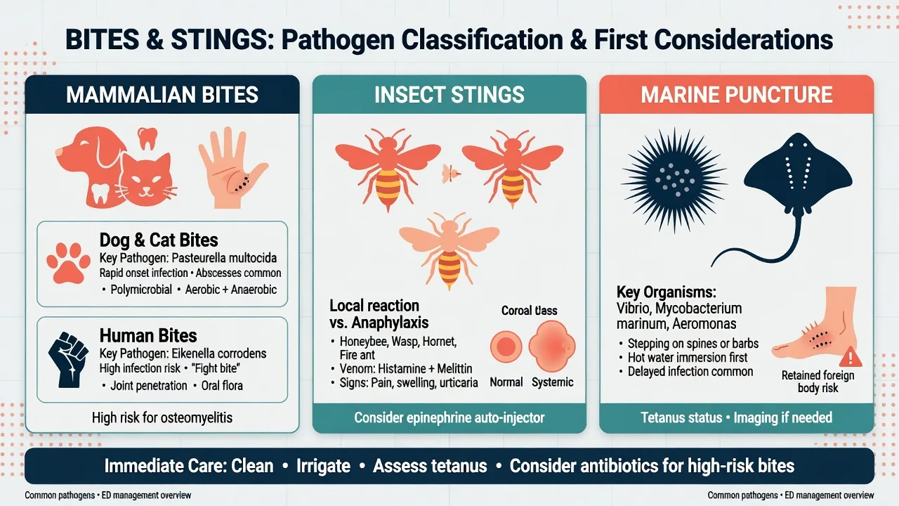Educational classification of mammalian bites, insect stings and marine punctures with key pathogens