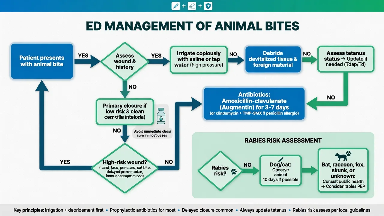 Educational bite management flowchart: irrigate, debride, leave high-risk bites open, amoxicillin-clavulanate, rabies and tetanus pathways