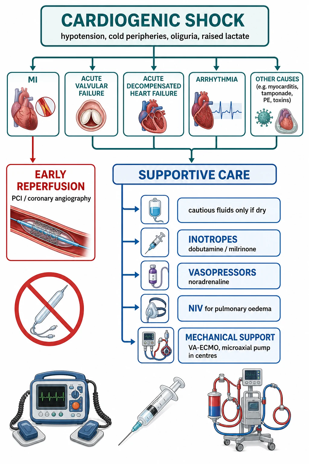 Management pathway for cardiogenic shock including revascularisation, vasopressors and mechanical support