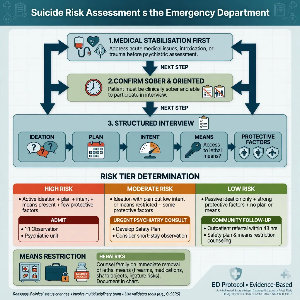 A structured suicide risk assessment form beside a quiet interview room in the emergency department