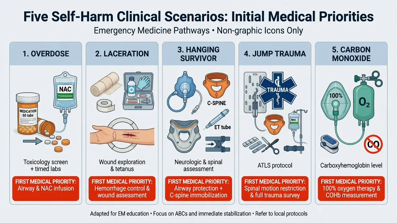 Five clinical pathways for overdose laceration hanging jump and carbon monoxide self-harm