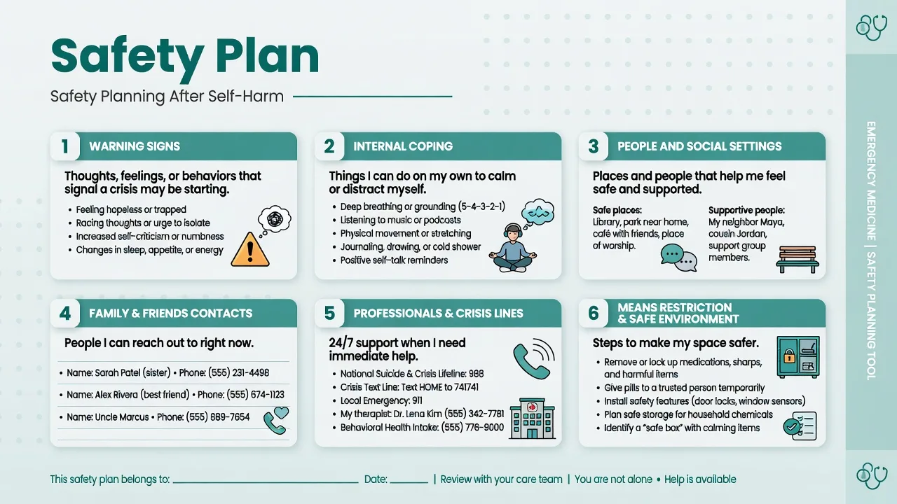Six-step safety plan from warning signs through means restriction