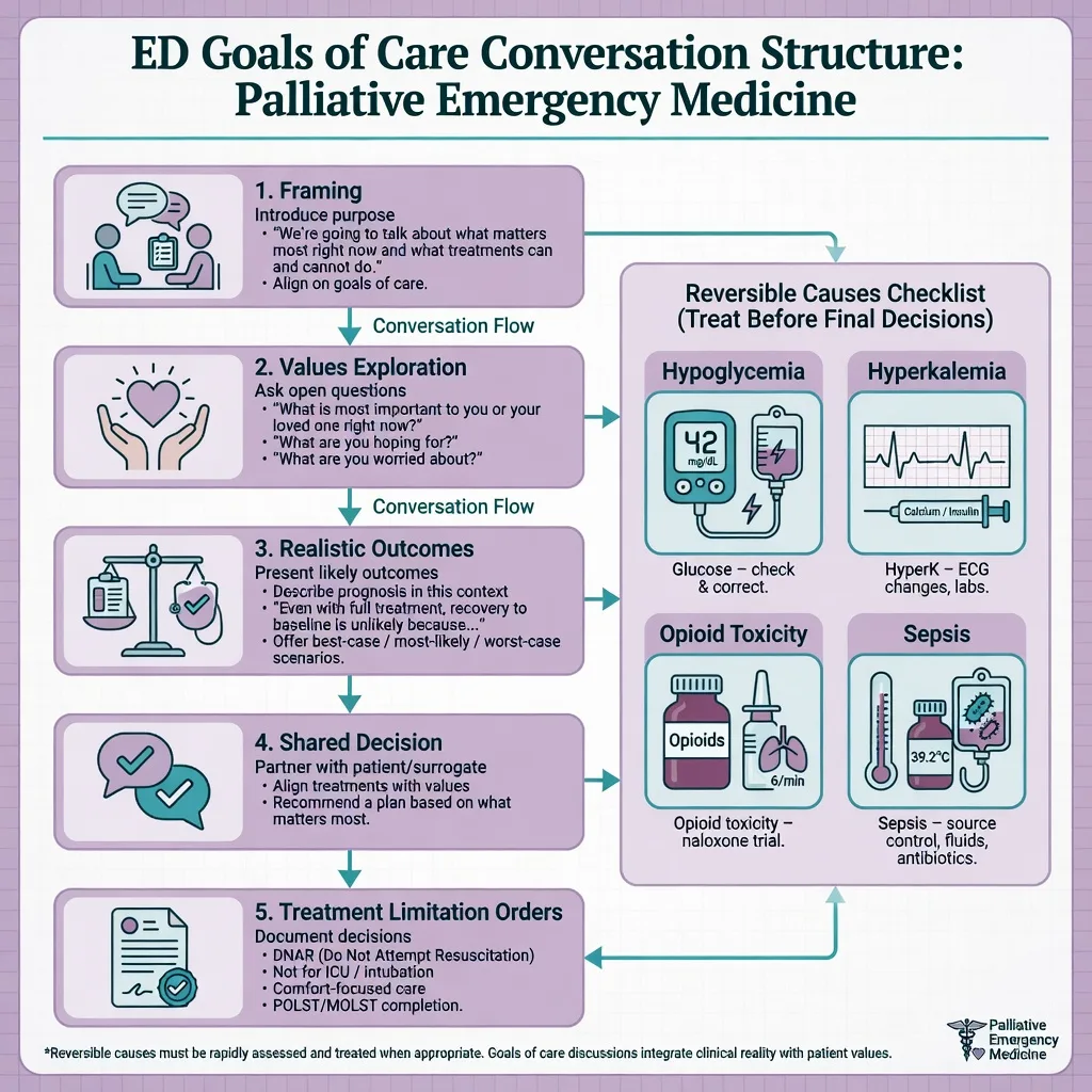 A clinician holding a structured goals-of-care conversation with a patient and family in the emergency department