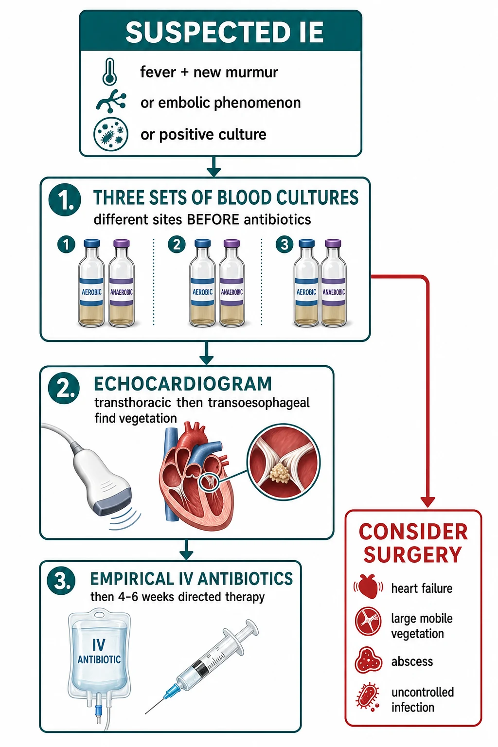 Educational management ladder for infective endocarditis: blood cultures before antibiotics, echocardiography, empiric therapy and surgical indications