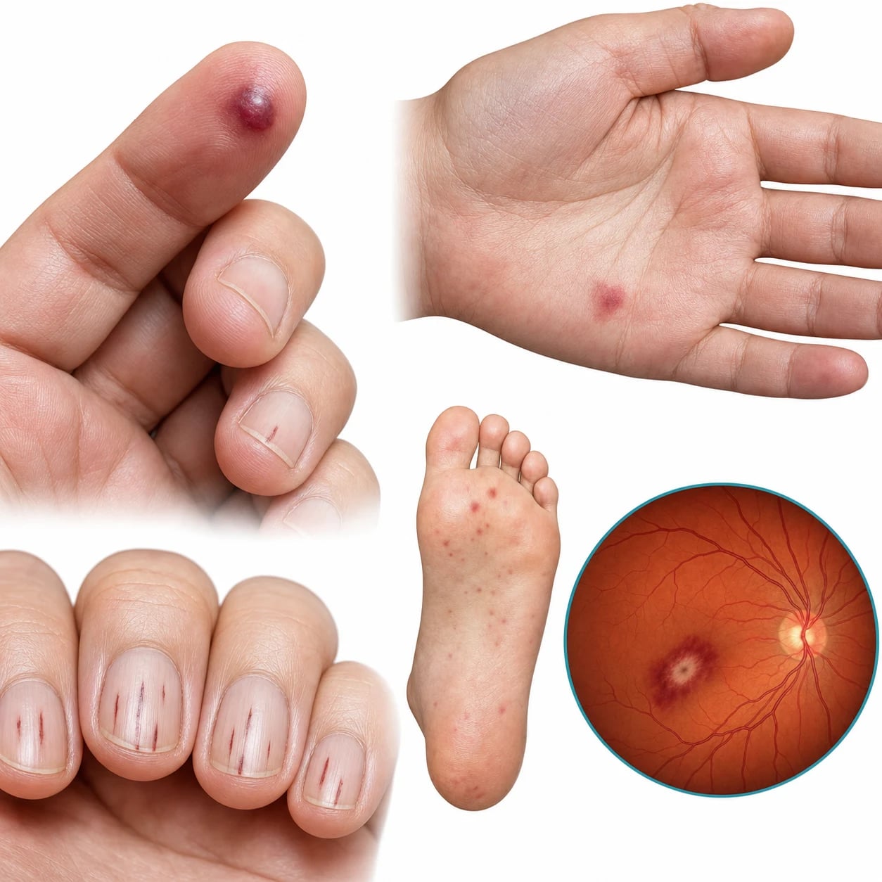 Educational illustration of endocarditis stigmata including Janeway lesions, Osler nodes, splinter haemorrhages and Roth spots beside a valvular vegetation