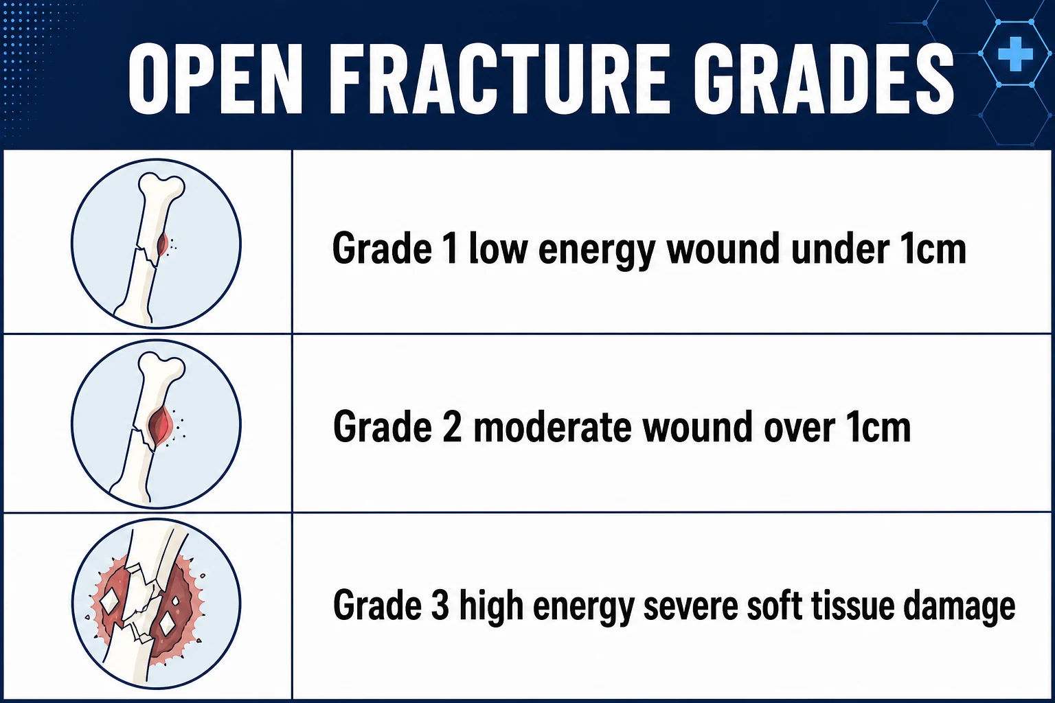 Table of the Gustilo open fracture grades