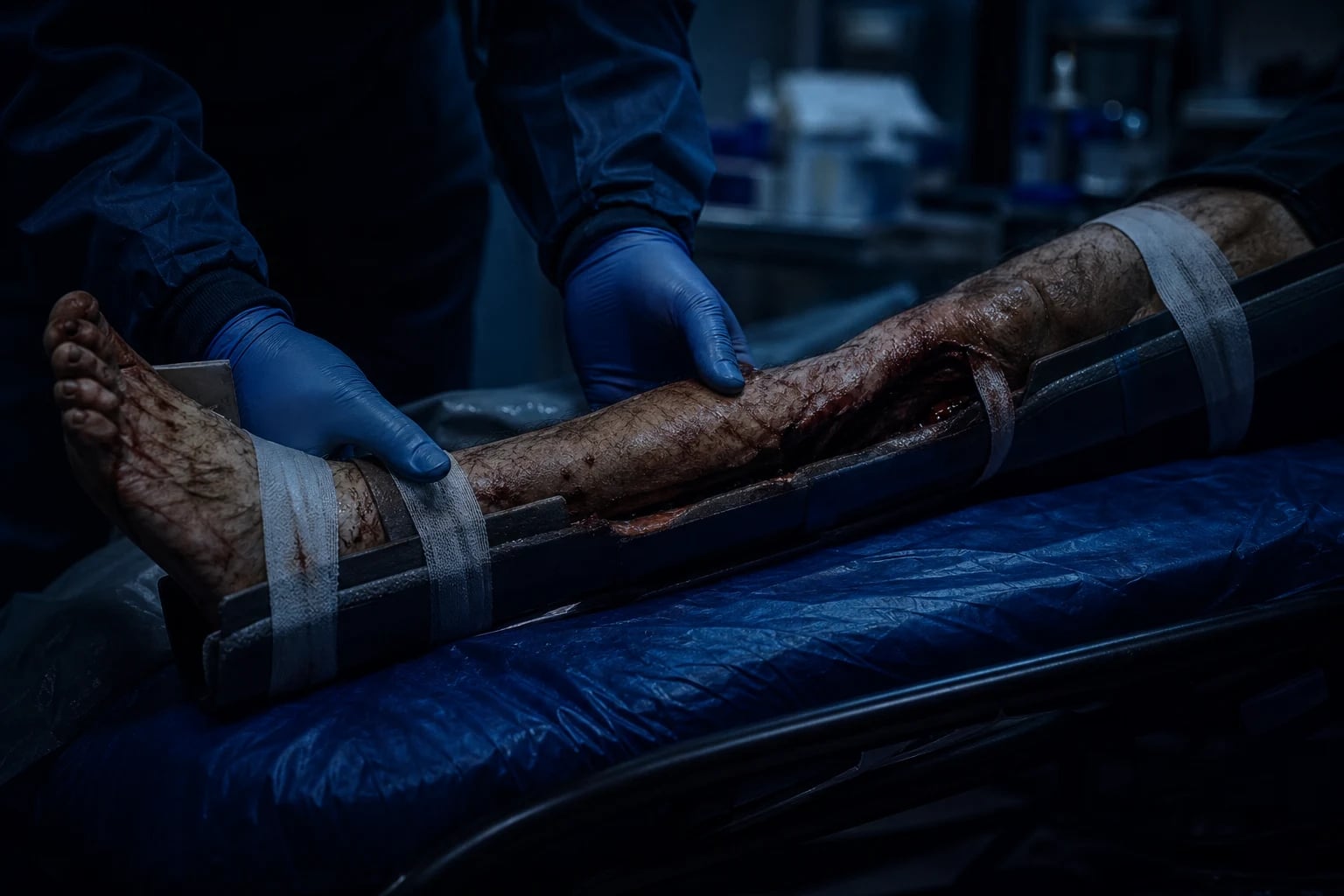 A deformed leg with a fracture being splinted in an emergency room