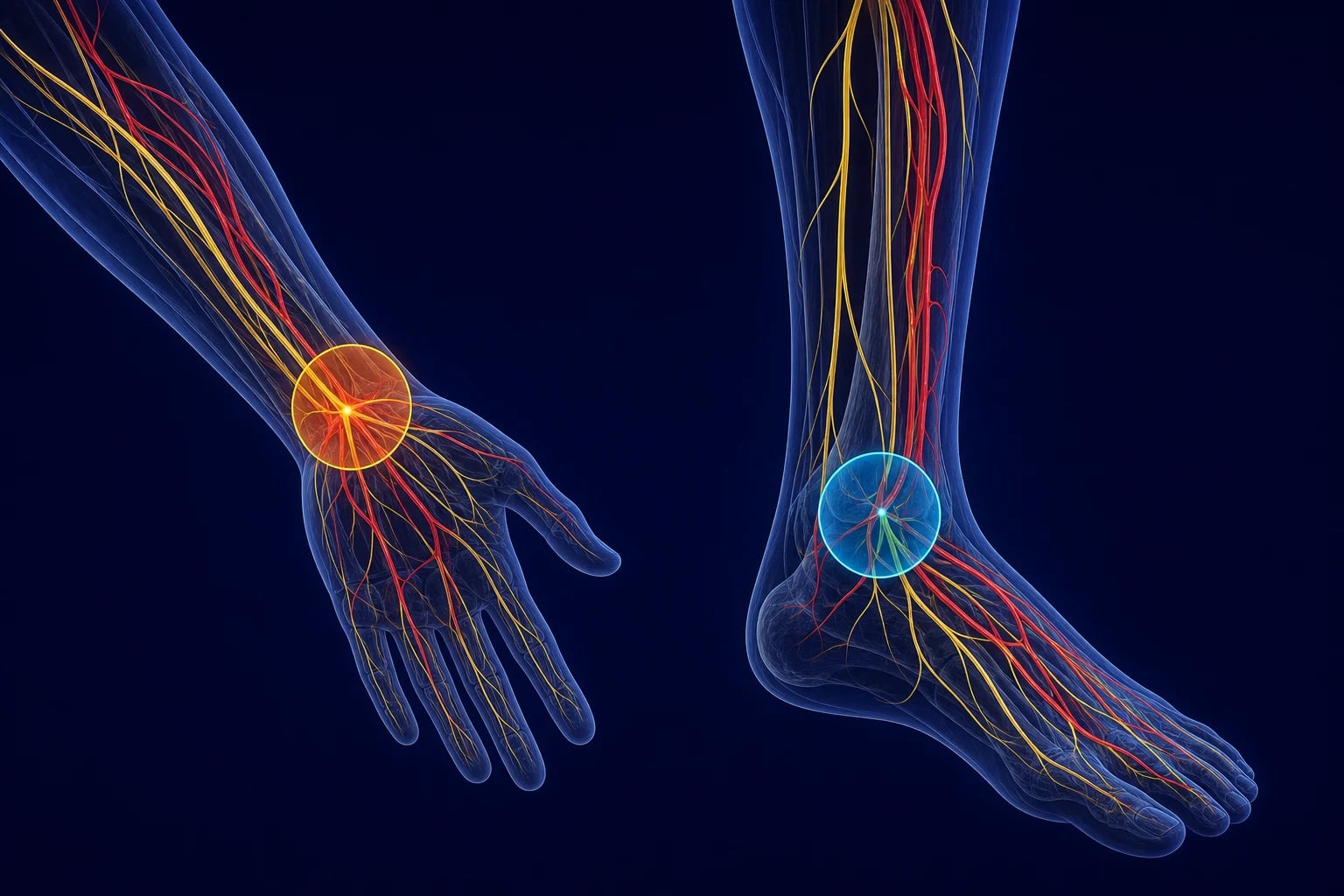Abstract illustration of an arm and a leg with coloured circles at the pulse points