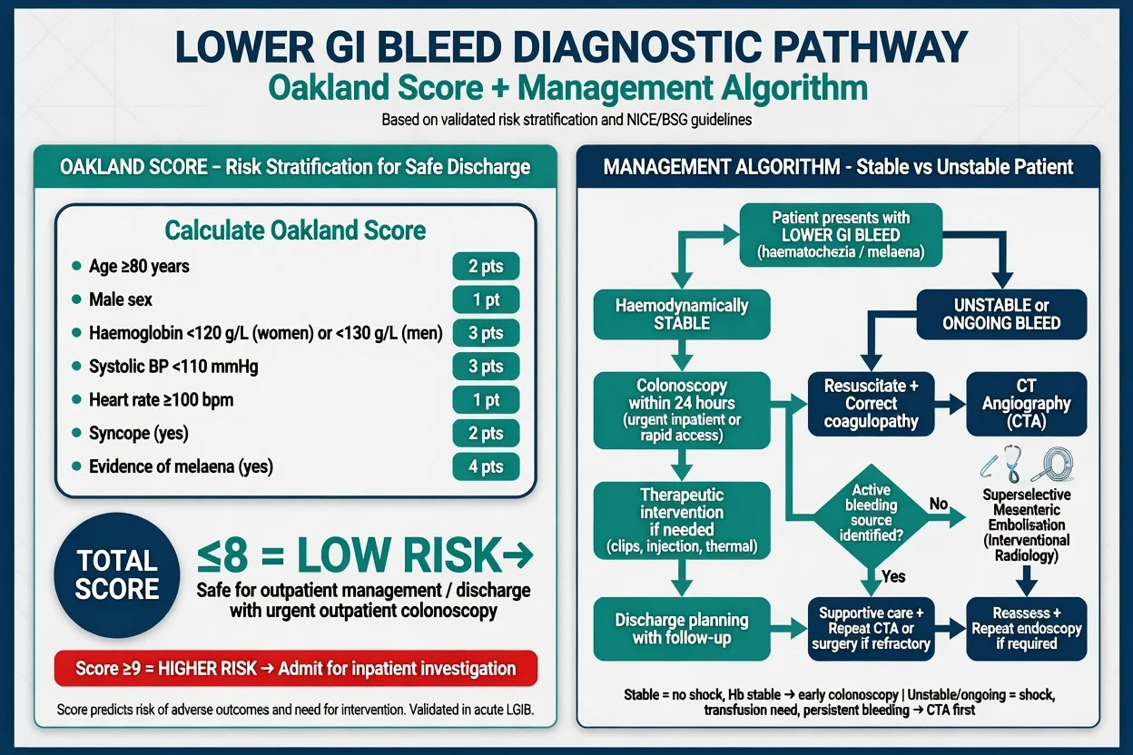 Oakland score pathway and stability-driven CT angiography versus colonoscopy algorithm