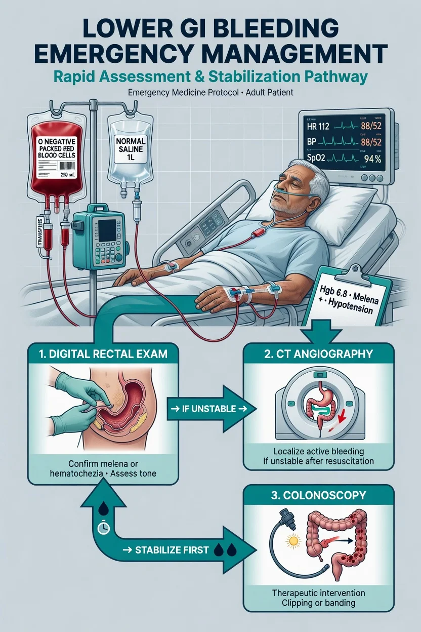 A patient with haematochezia beside a colonoscopy referral and a resuscitation chart