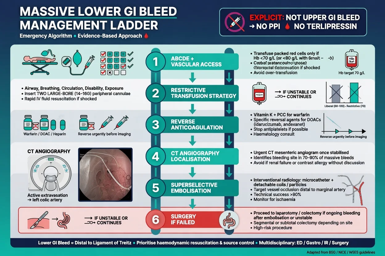 Resuscitation ladder for massive lower GI bleed: access, restrictive transfusion, anticoagulation reversal, CTA and embolisation