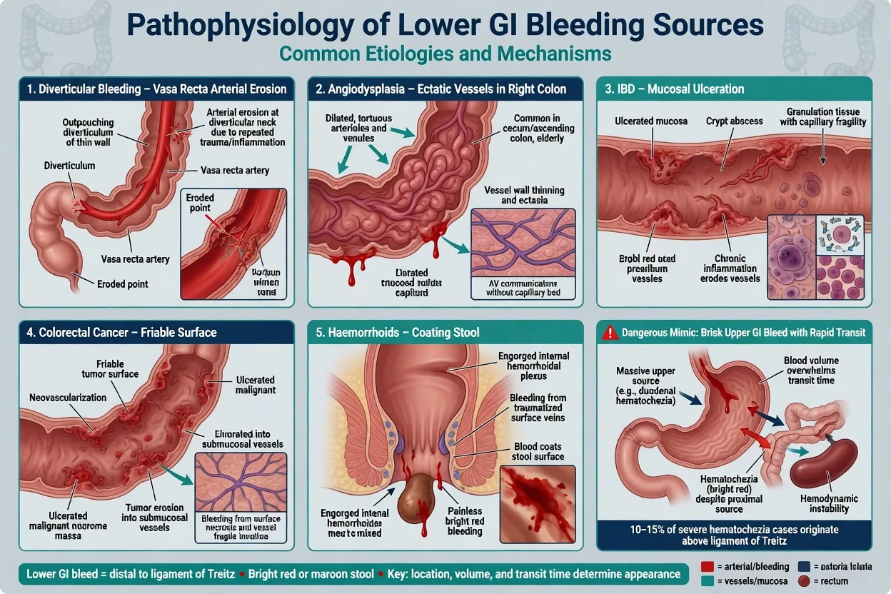 Infographic of lower GI bleed sources: diverticular vasa recta erosion, angiodysplasia, IBD ulceration, cancer, haemorrhoids