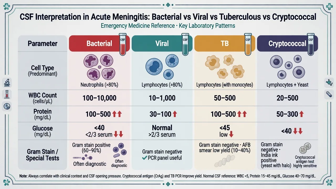 Educational comparison of CSF profiles in bacterial viral tuberculous and cryptococcal meningitis