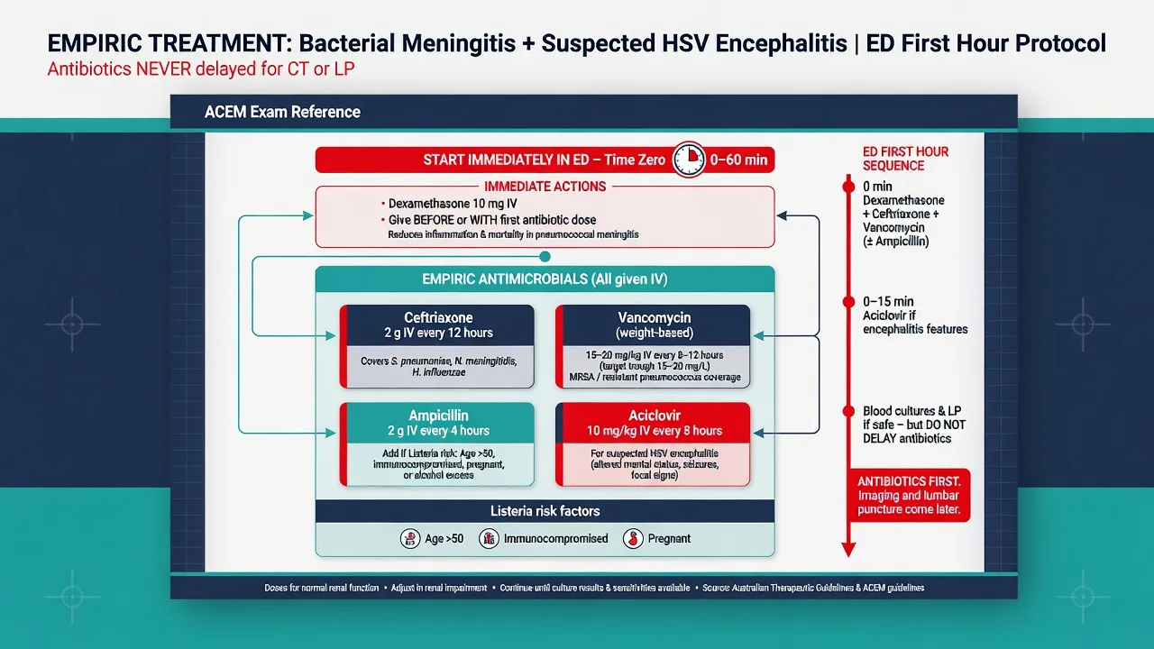 Empiric ED regimen card for bacterial meningitis and HSV encephalitis with doses and timing