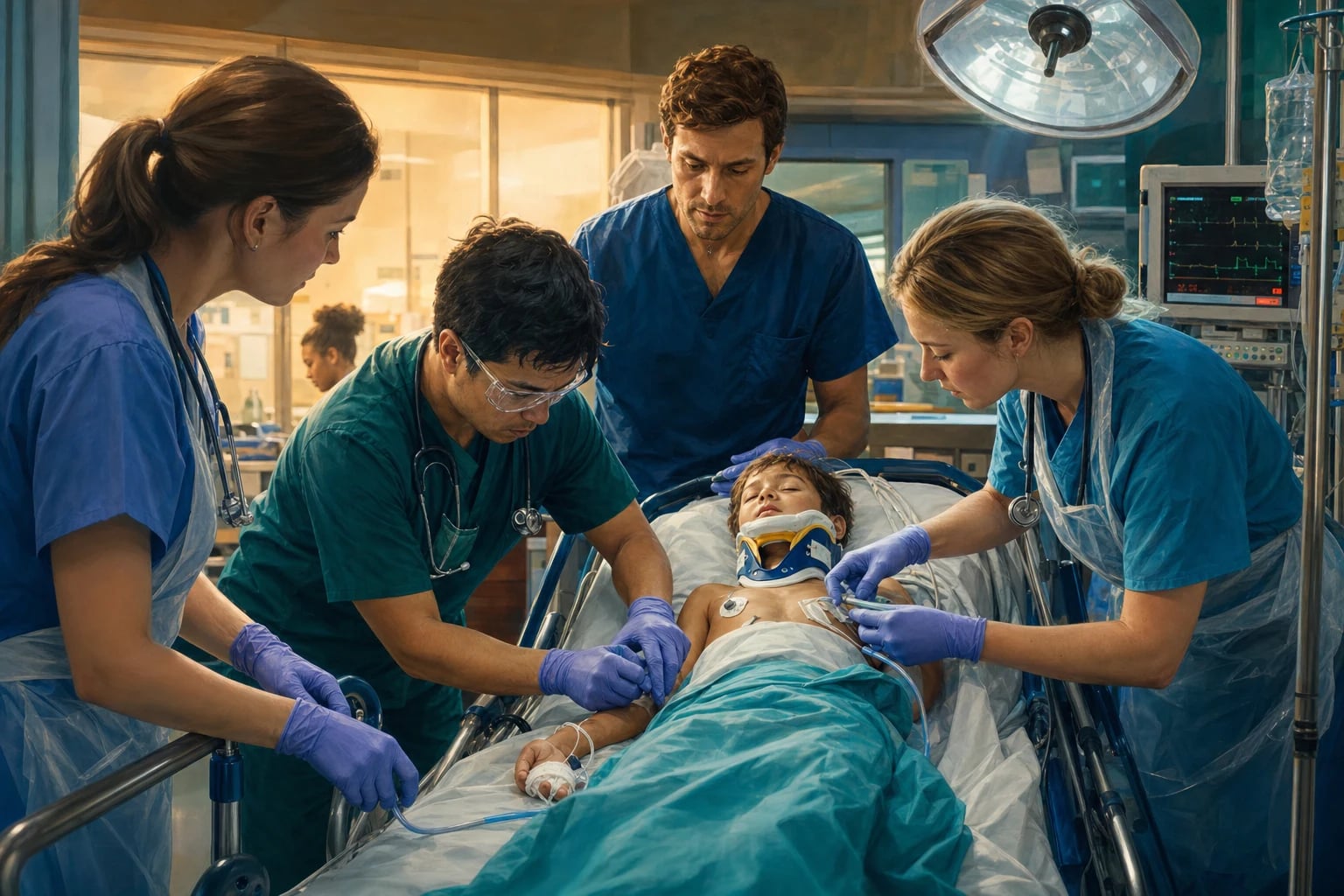 A small child being assessed by emergency clinicians
