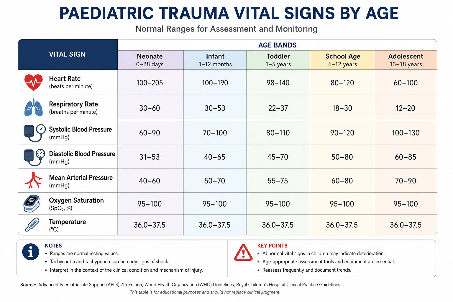 Table of paediatric vital signs by age