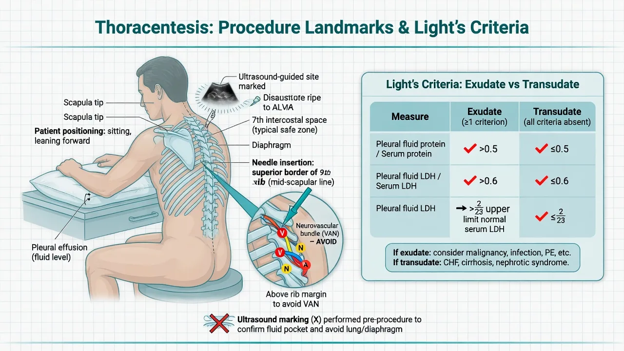 Paracentesis left lower quadrant landmark and thoracentesis over-the-rib approach with SAAG and Light criteria side panels