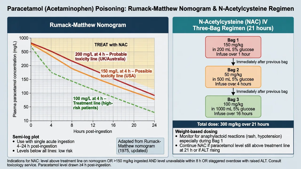 A paracetamol-level nomogram (Rumack-Matthew) beside a N-acetylcysteine infusion chart
