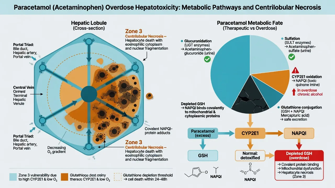 Paracetamol overdose hepatotoxicity pathways showing CYP2E1 oxidation to NAPQI, glutathione depletion and zone-3 centrilobular necrosis