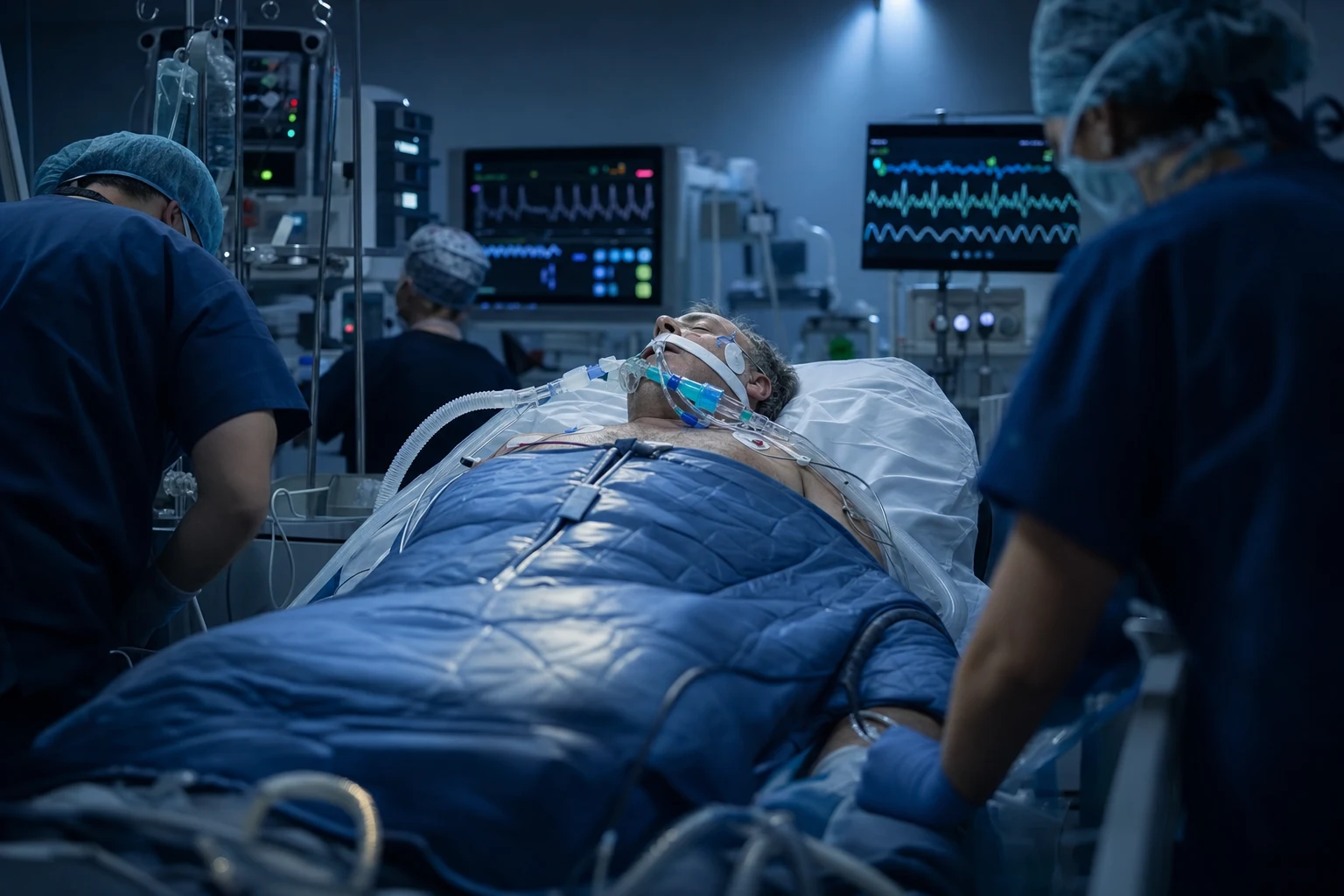 An intubated post-cardiac-arrest patient with a temperature-management blanket and stable monitors