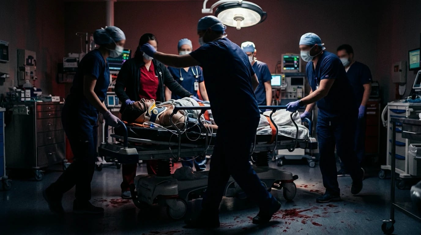 A trauma team performing the ABCDE primary survey on a patient in a resuscitation bay