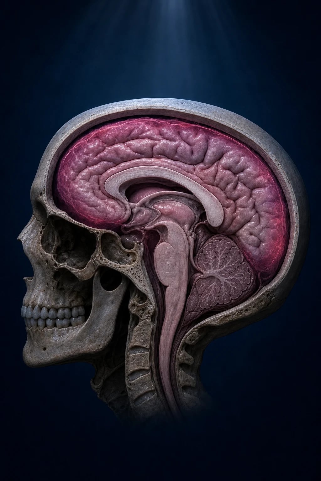A CT head showing a mass effect with midline shift beside an intracranial-pressure and cerebral-perfusion chart
