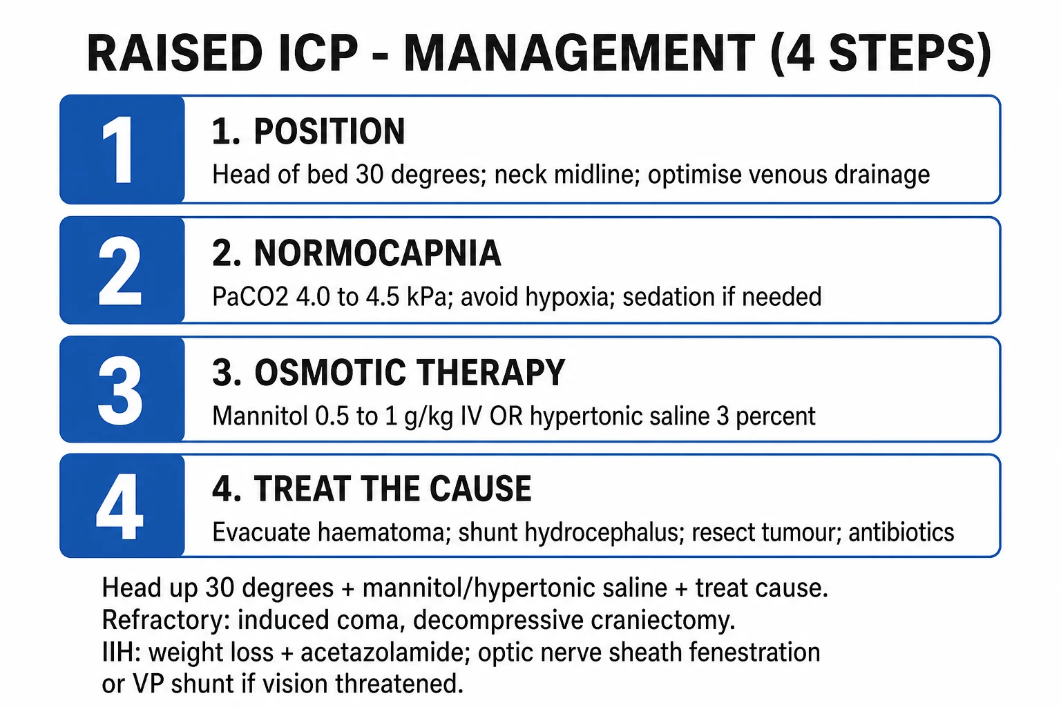 Raised ICP management ladder: head elevation, normocapnia, osmotherapy, neurosurgery