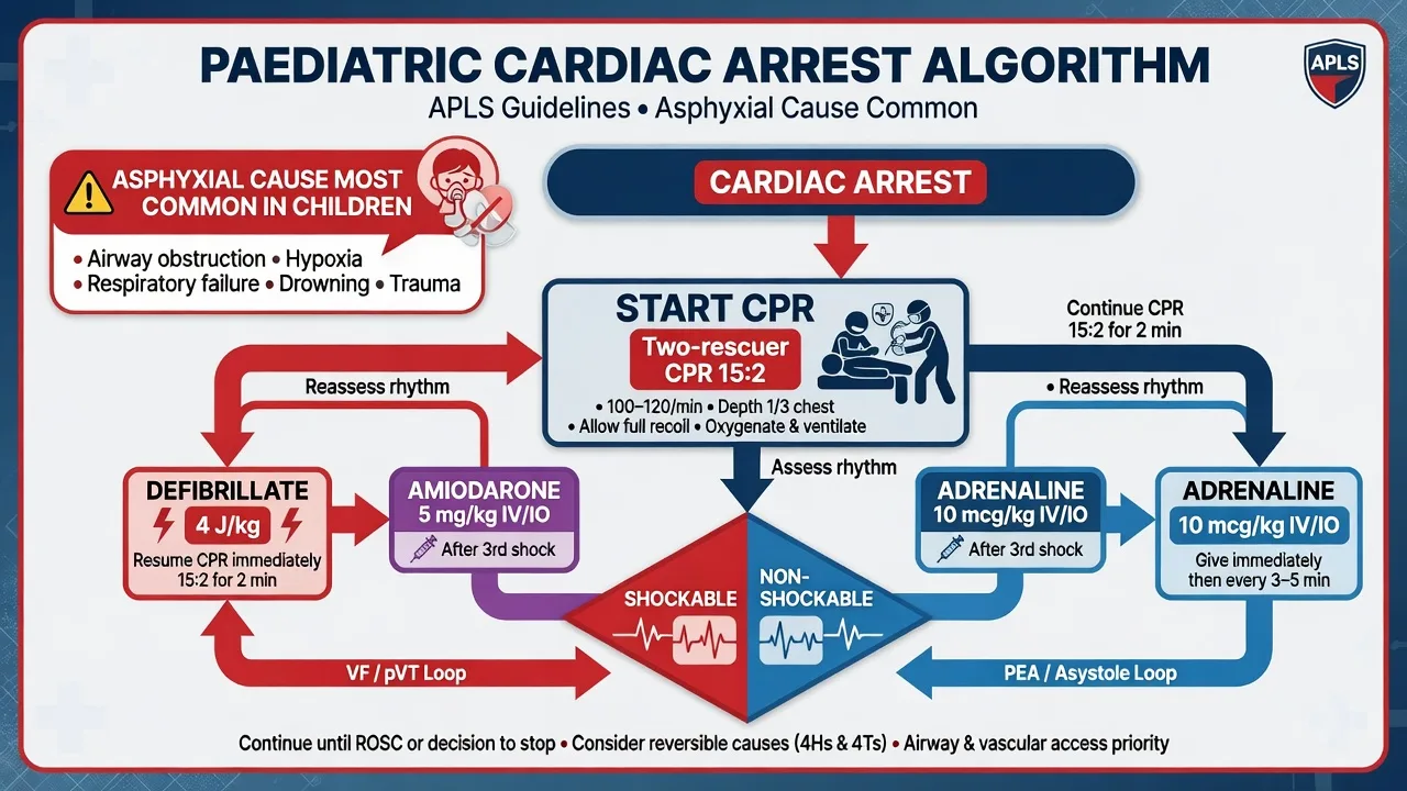 Educational paediatric cardiac arrest algorithm with 15 to 2 CPR, 4 joules per kilogram defibrillation and adrenaline 10 micrograms per kilogram