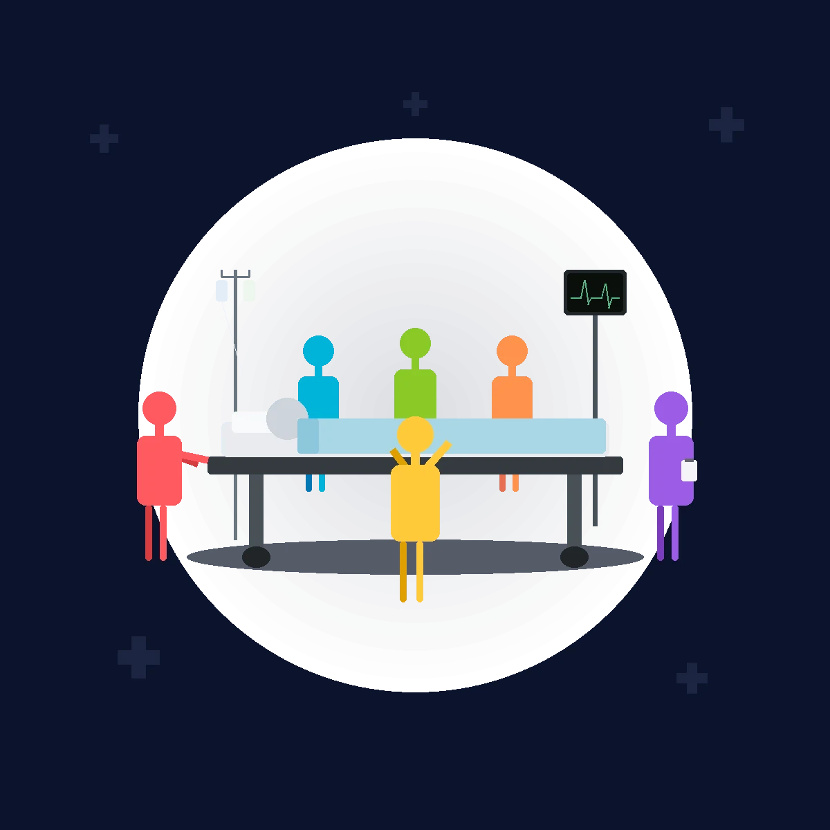 Abstract illustration of team members arranged around a patient bed in different colours