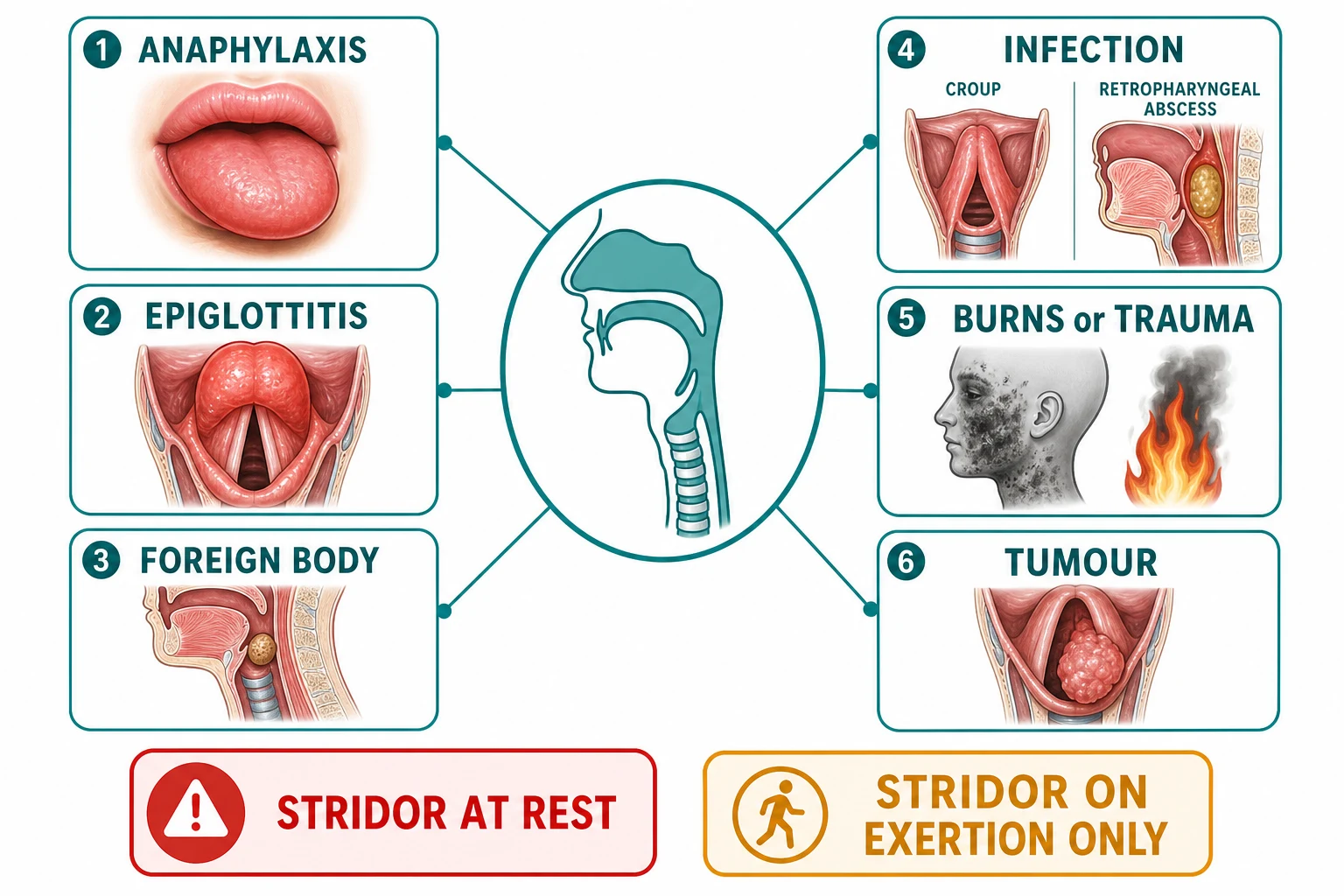Educational diagram of upper airway obstruction causes: infectious (epiglottitis, croup, abscess) versus non-infectious (angioedema, foreign body, burn, malignancy)