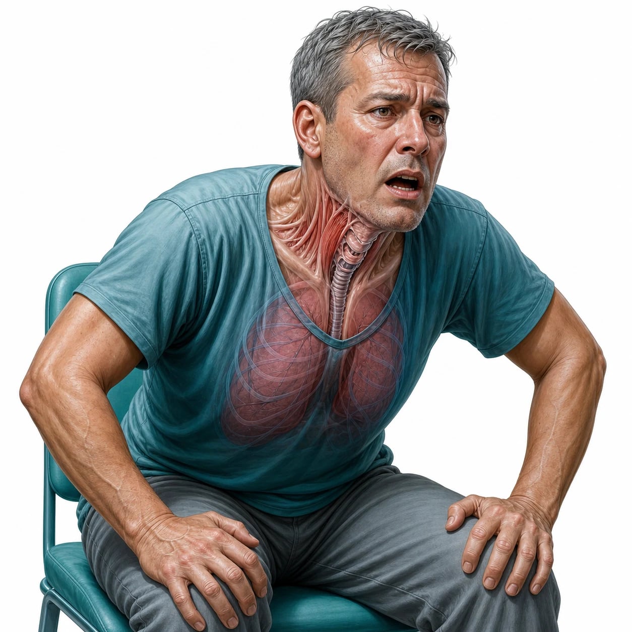 A patient in a tripod posture with stridor, surrounded by a resuscitation team