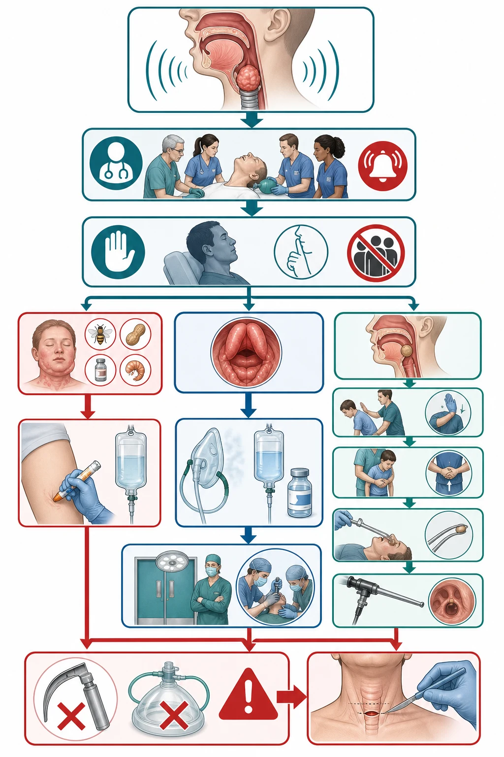 Educational management ladder for upper airway obstruction: call help, position, nebulised adrenaline, definitive airway and scalpel-bougie-tube CICO rescue