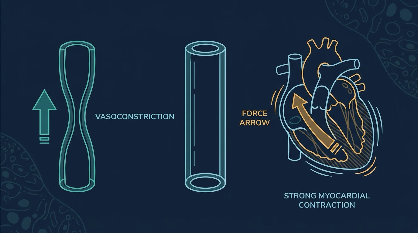 Table-style illustration of vasoactive drug classes mapped to alpha, beta and V1 receptors