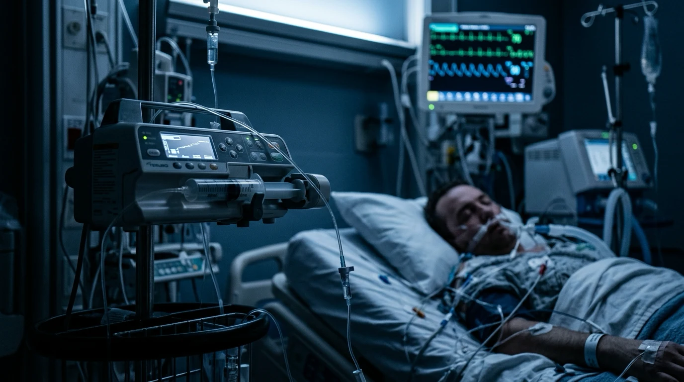 A shocked patient on a noradrenaline infusion running through a central line, with an arterial trace, a rising mean arterial pressure and a falling lactate on the monitor