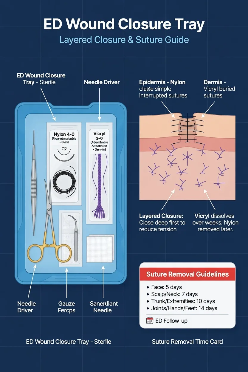 A suture tray with absorbable and non-absorbable material beside a layered-closure diagram and a removal-time card