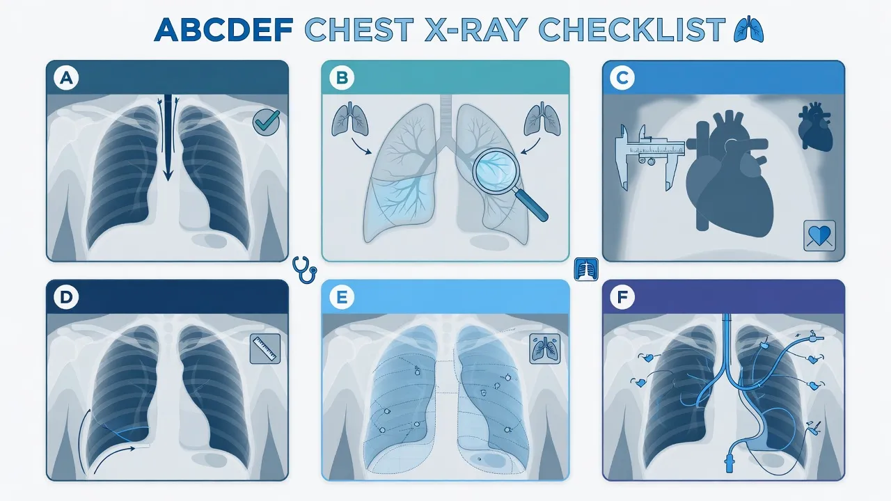 ABCDEF systematic chest X-ray checklist from airway and breathing to diaphragm and extras including lines and tubes
