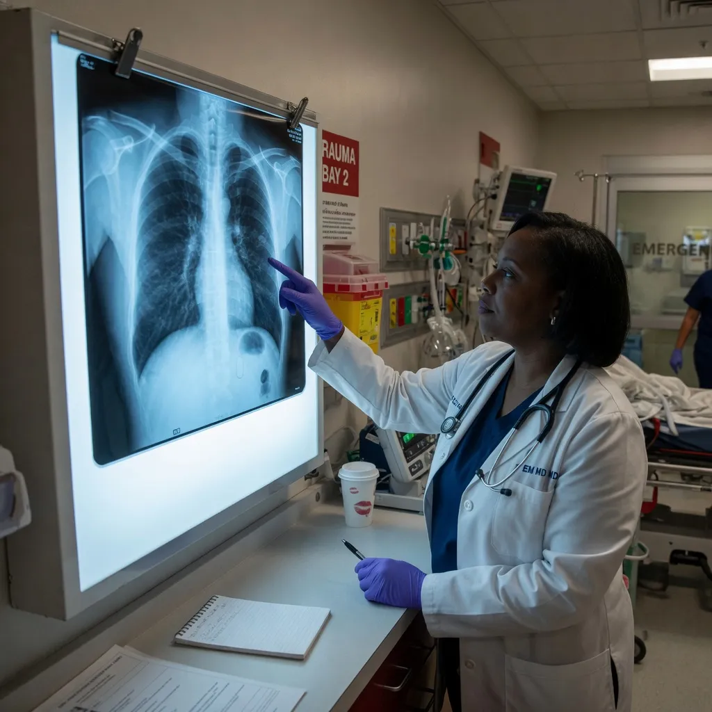 A systematic ABCDEF approach to a chest X-ray displayed beside a normal and an abnormal film