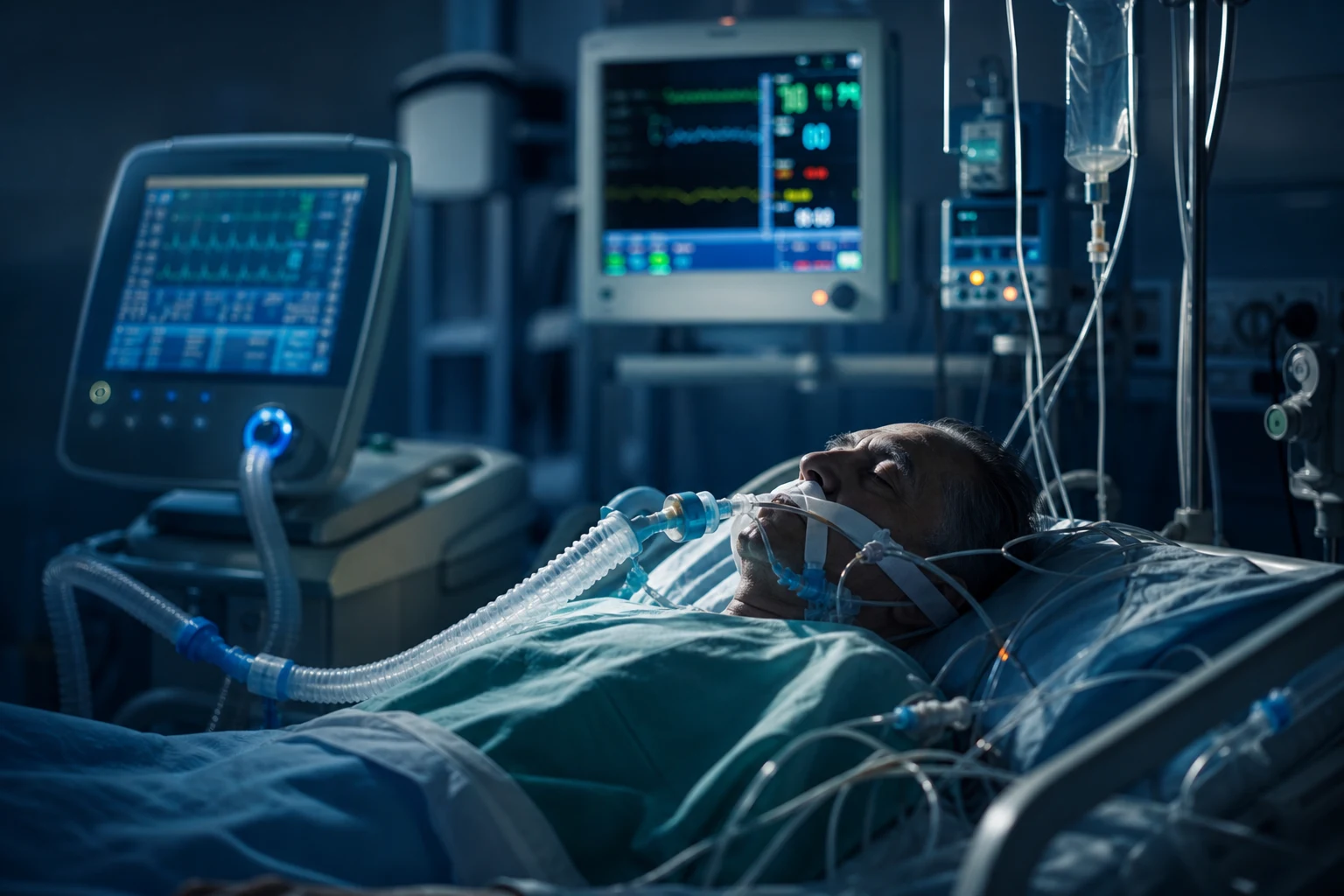Intensive care bedside with ventilator and monitors