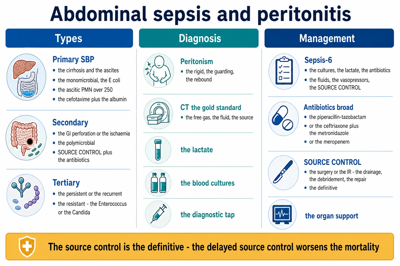 Three-panel infographic on a white clinical-blue background: LEFT types (primary SBP cirrhosis/ascites monomicrobial E coli ascitic PMN over 250 cefotaxime+albumin; secondary GI perforation/ischaemia polymicrobial source control+antibiotics; tertiary persistent/recurrent resistant Enterococcus/Candida); CENTRE diagnosis (peritonism rigid/guarding/rebound; CT gold standard free gas/fluid/source; lactate cultures diagnostic tap); RIGHT management (Sepsis-6 cultures/lactate/antibiotics/fluids/vasopressors/source control; antibiotics piperacillin-tazobactam/ceftriaxone+metronidazole/meropenem; source control surgery/IR drainage/debridement/repair definitive; organ support). Banner 'Source control is definitive — delayed worsens mortality'. Flat vector illustration, crisp typography.