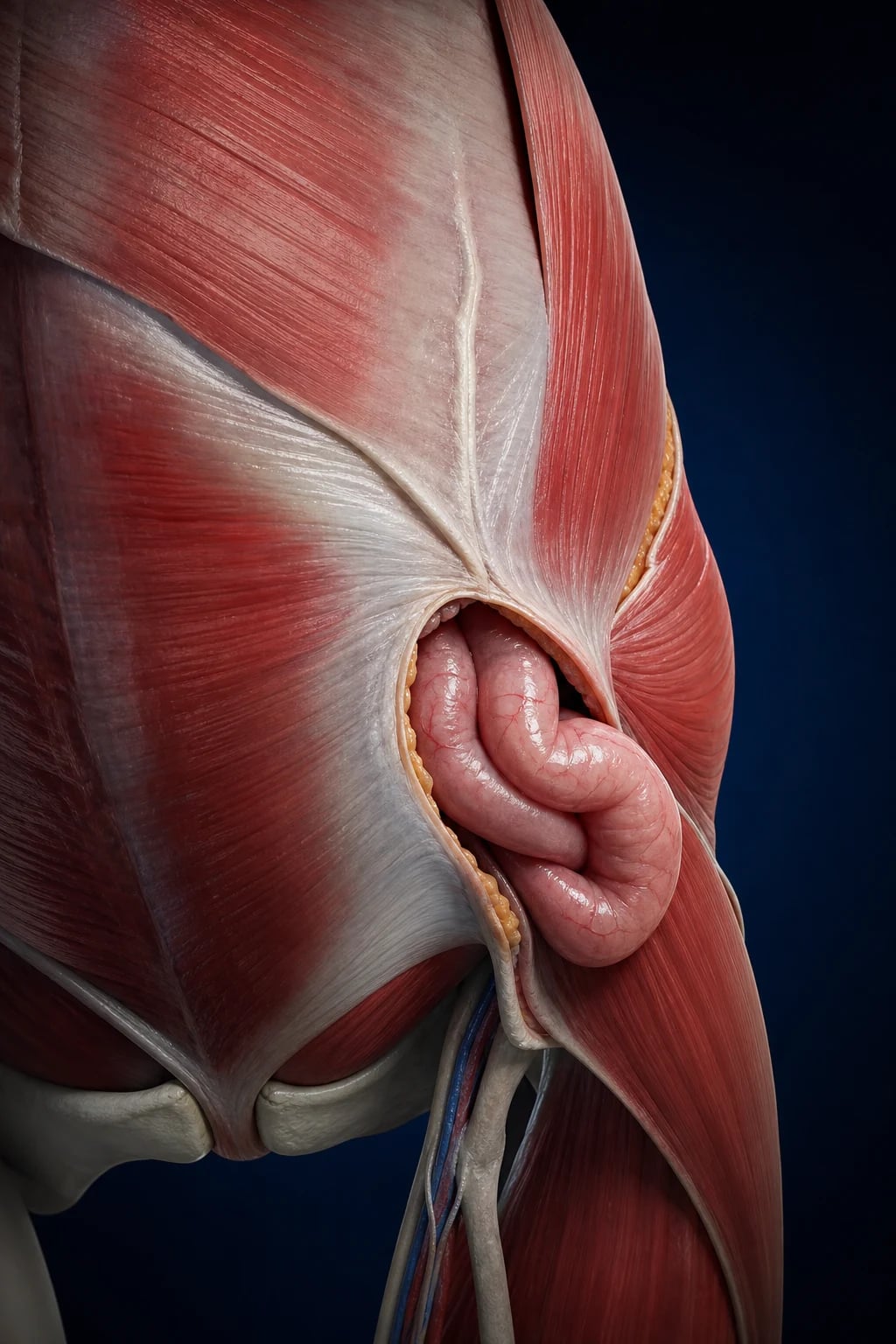 Anatomy of the inguinal canal, femoral canal and Hesselbach triangle showing the pathways of groin hernias.
