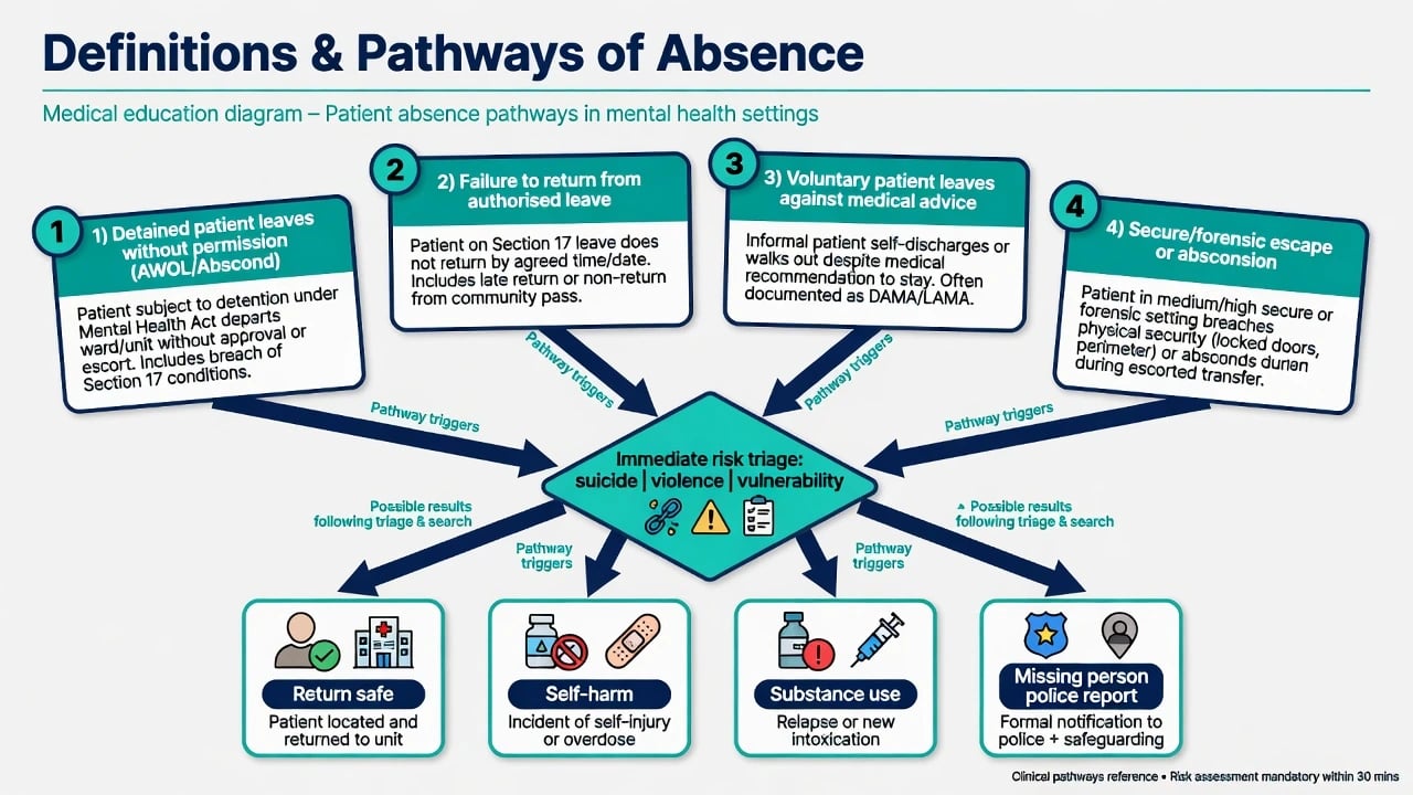 Four pathways of patient absence converging on suicide violence vulnerability risk triage