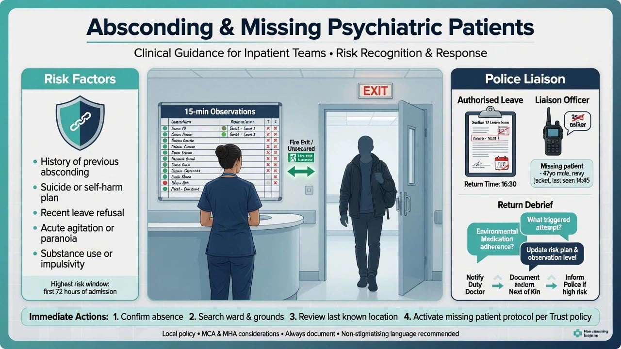 Clinical guidance poster showing ward observations board, exit doorway, risk factors, and police liaison for missing psychiatric patients