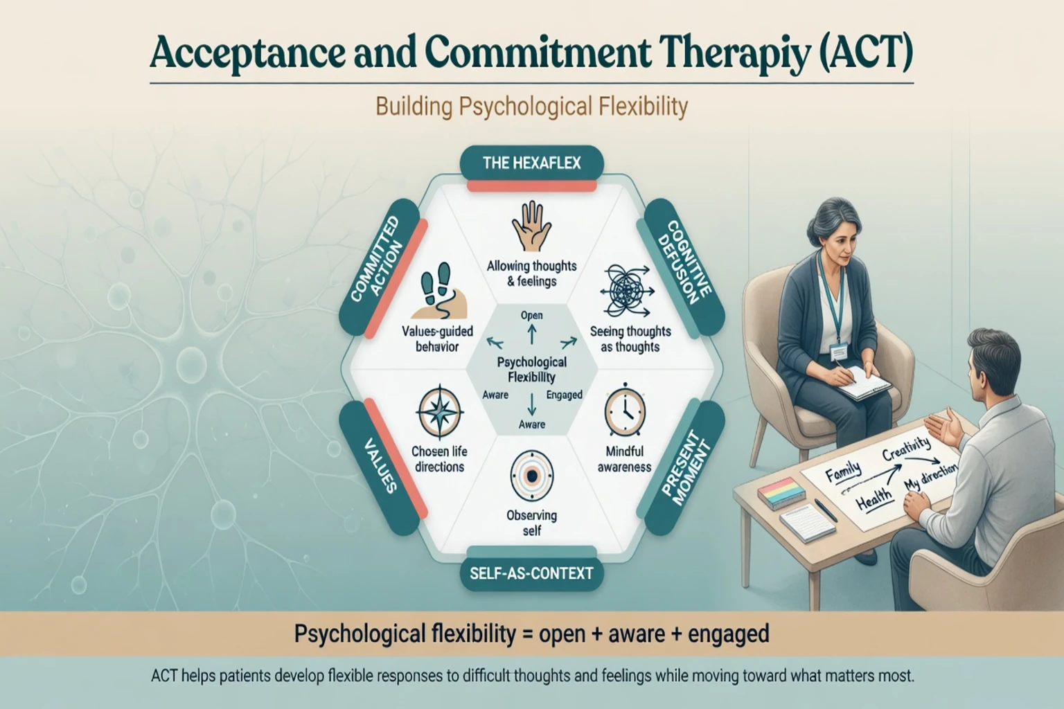 Educational ACT overview with psychological flexibility and hexaflex processes in a collaborative therapy context