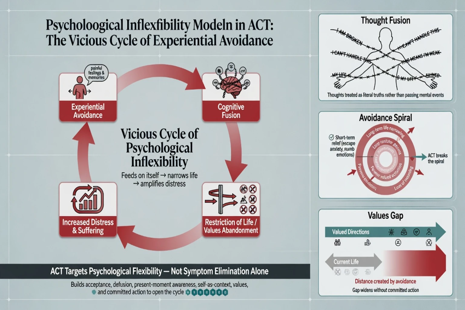 Cycle of experiential avoidance, cognitive fusion, and life restriction that ACT targets