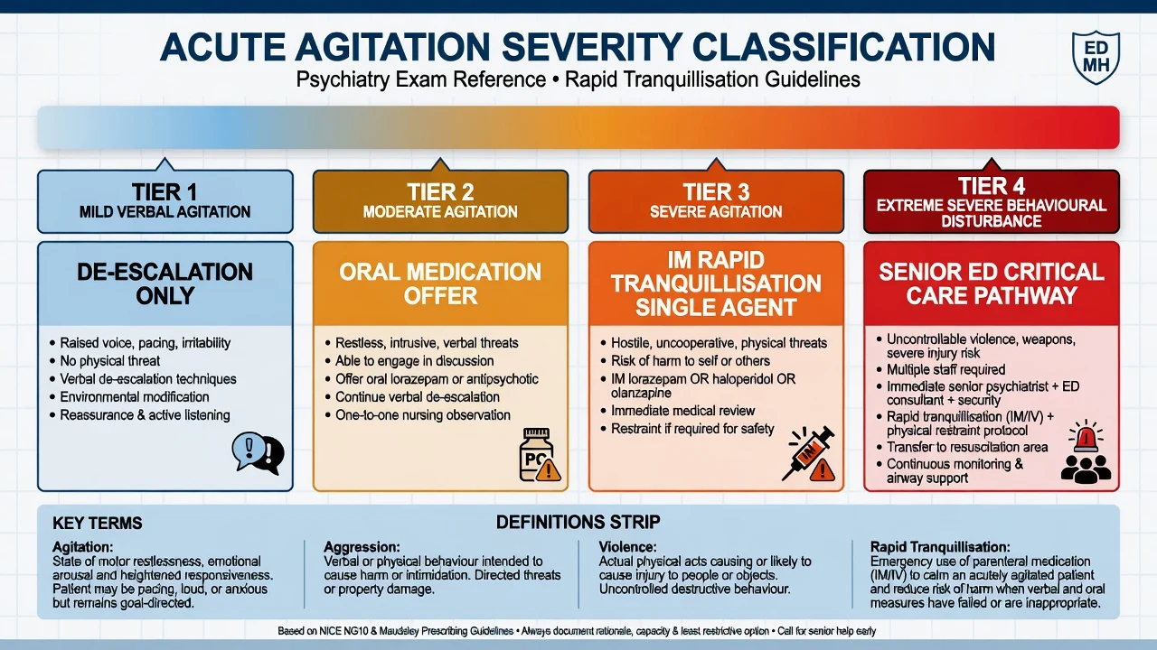 Four-tier classification of acute agitation severity from mild verbal agitation through extreme severe behavioural disturbance
