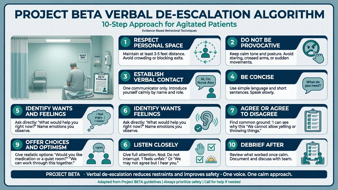 Project BETA verbal de-escalation ten-step algorithm for agitated patients