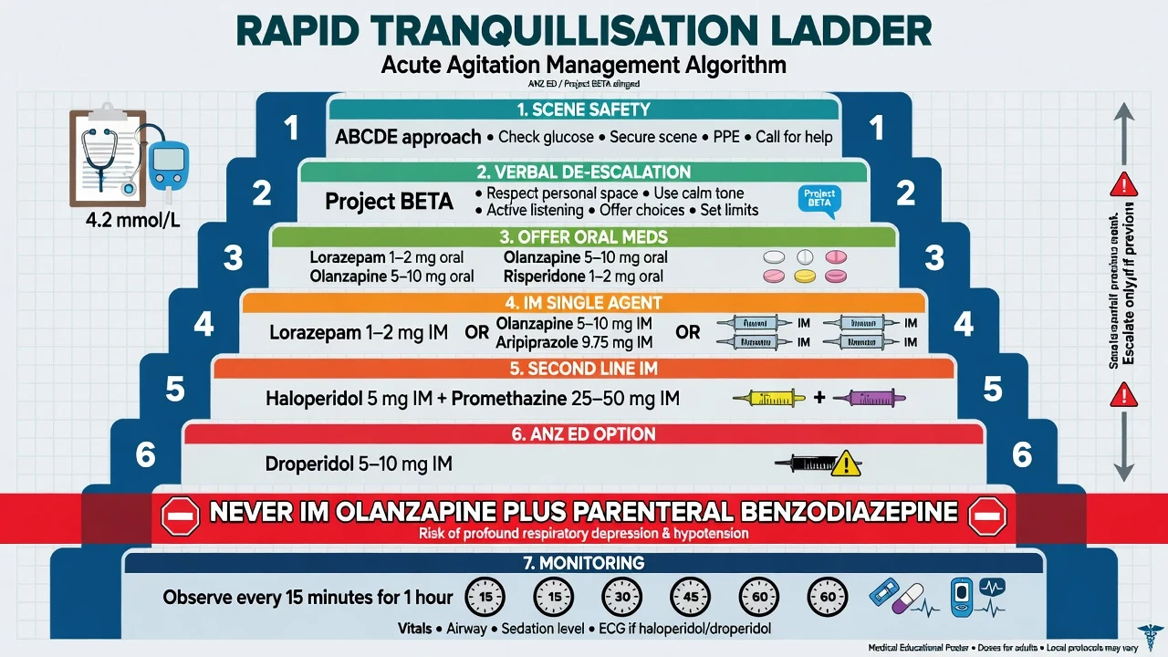 Rapid tranquillisation ladder from scene safety through oral and IM options with combination ban and monitoring
